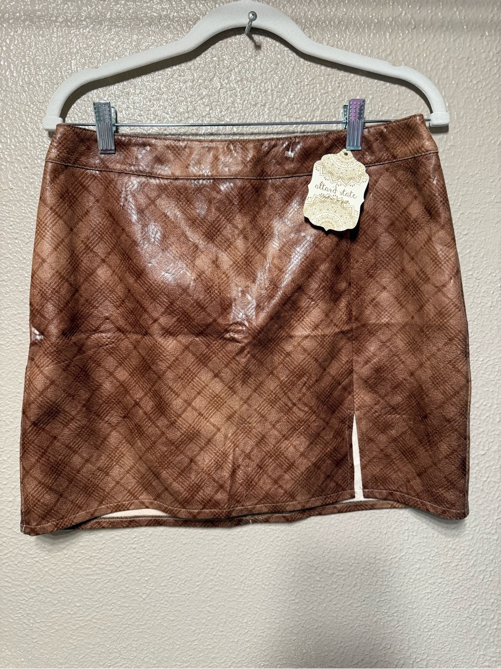 Altar'd State Brown Plaid Faux Leather Mini Skirt